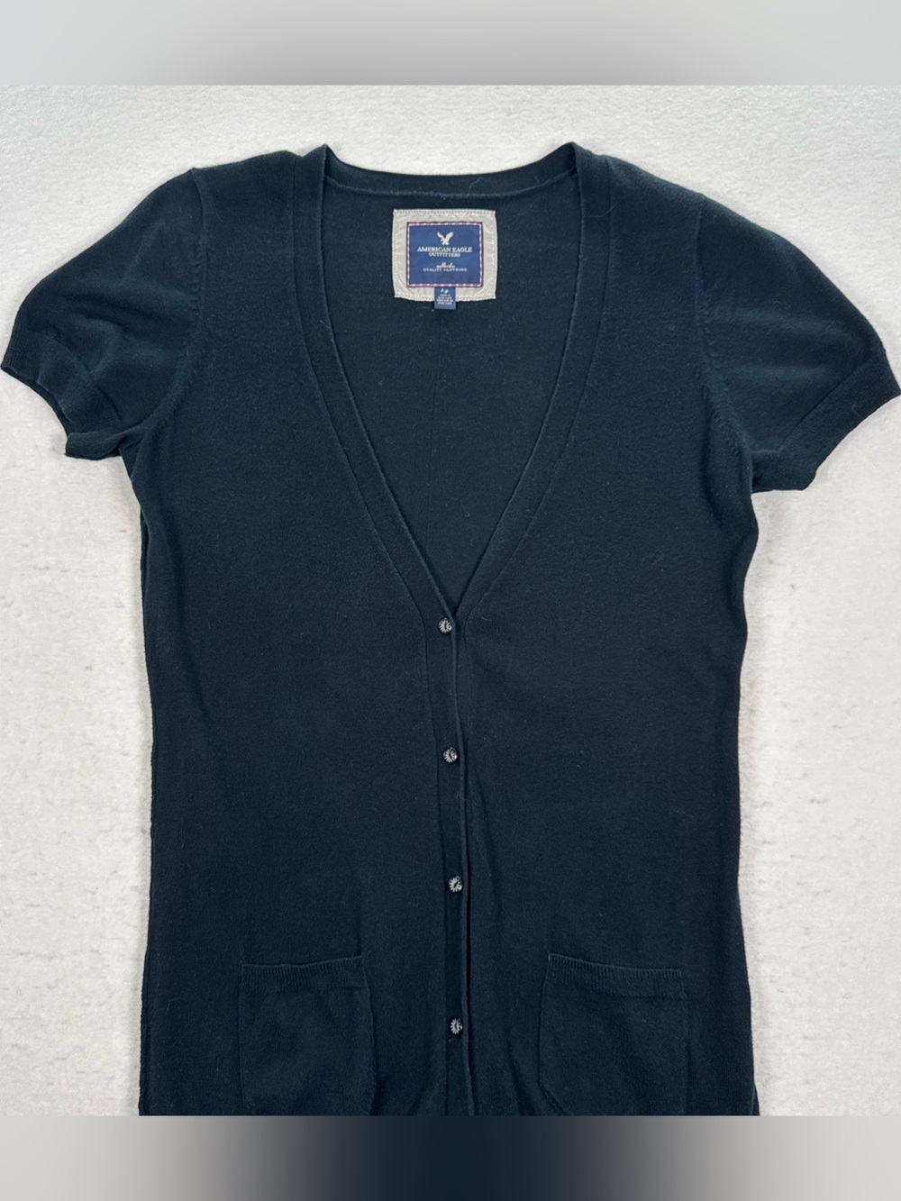 American Eagle Short Sleeve Long V-Neck Cardigan Women’s L Black Pockets Cotton - Picture 6 of 8